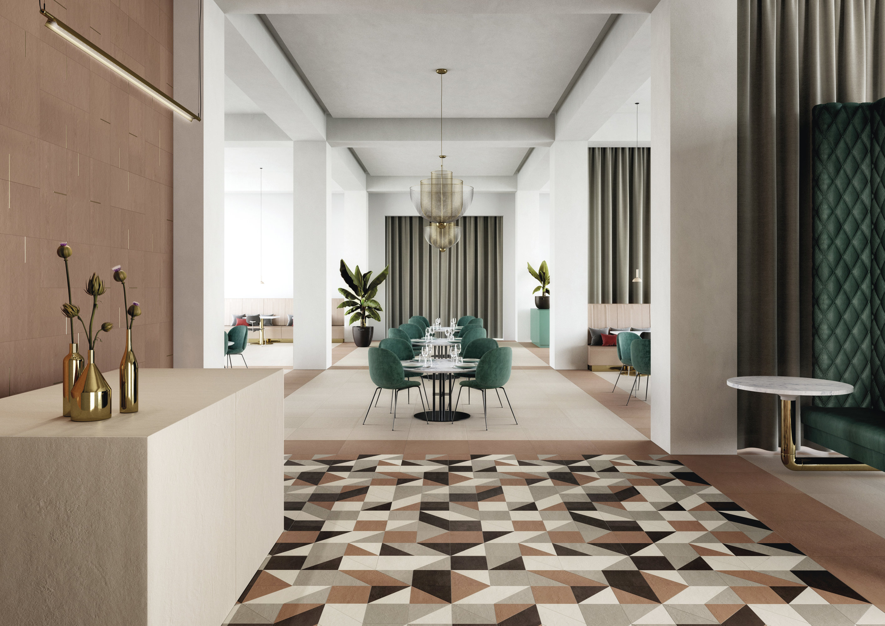 Porcelaingres Tiles: Geometric floor, warm wall tiles and light plain floor in an elegant room.