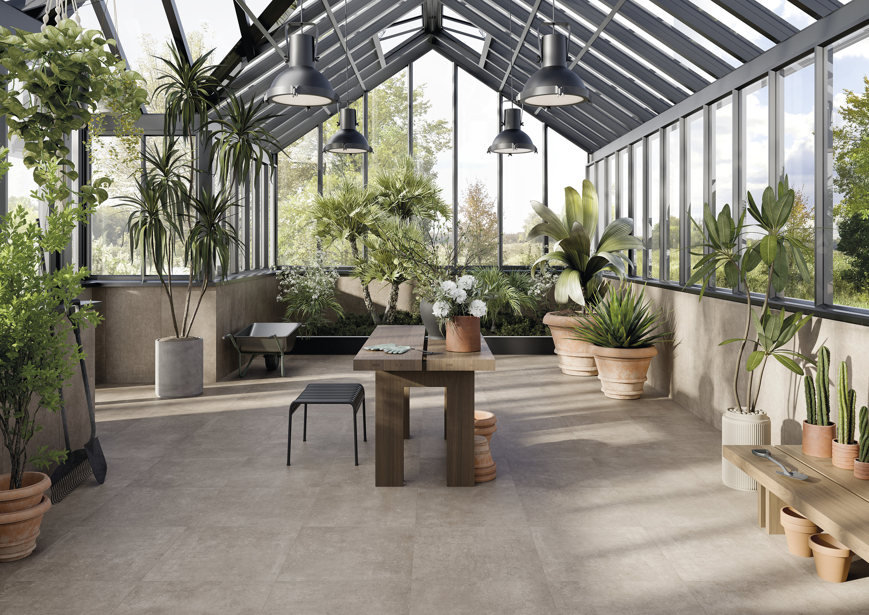 High-quality floor tiles in a light-flooded greenhouse with lush plant life.