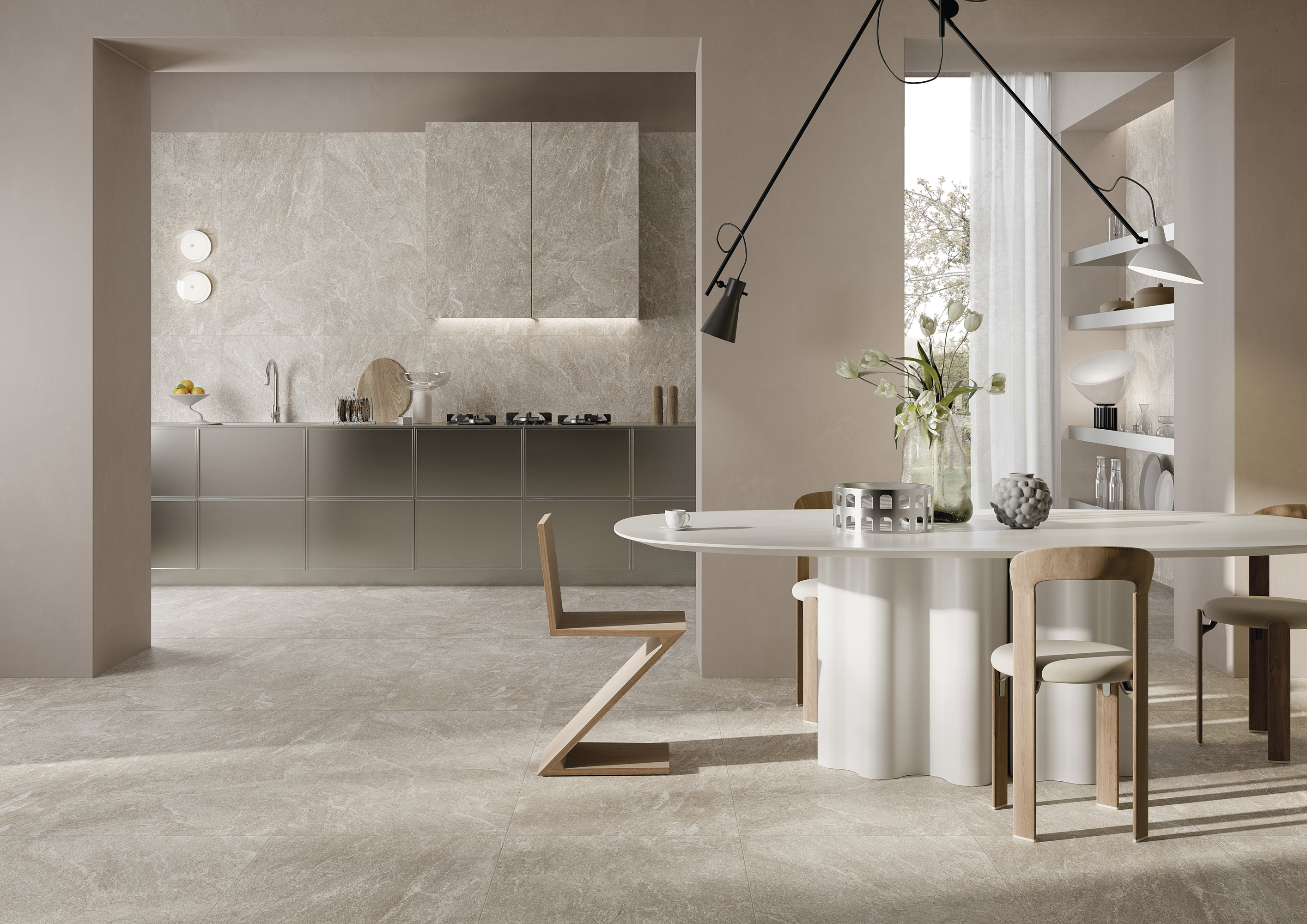 Contemporary kitchen and dining room with light Porcelaingres floor and wall tiles.