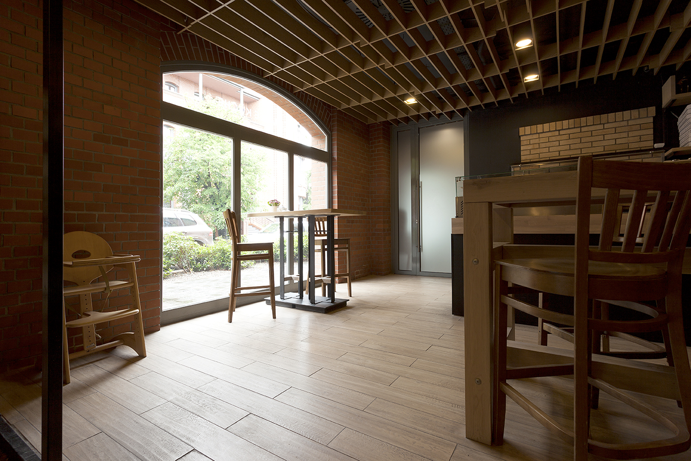 Indoor light wood effect porcelain tiles.