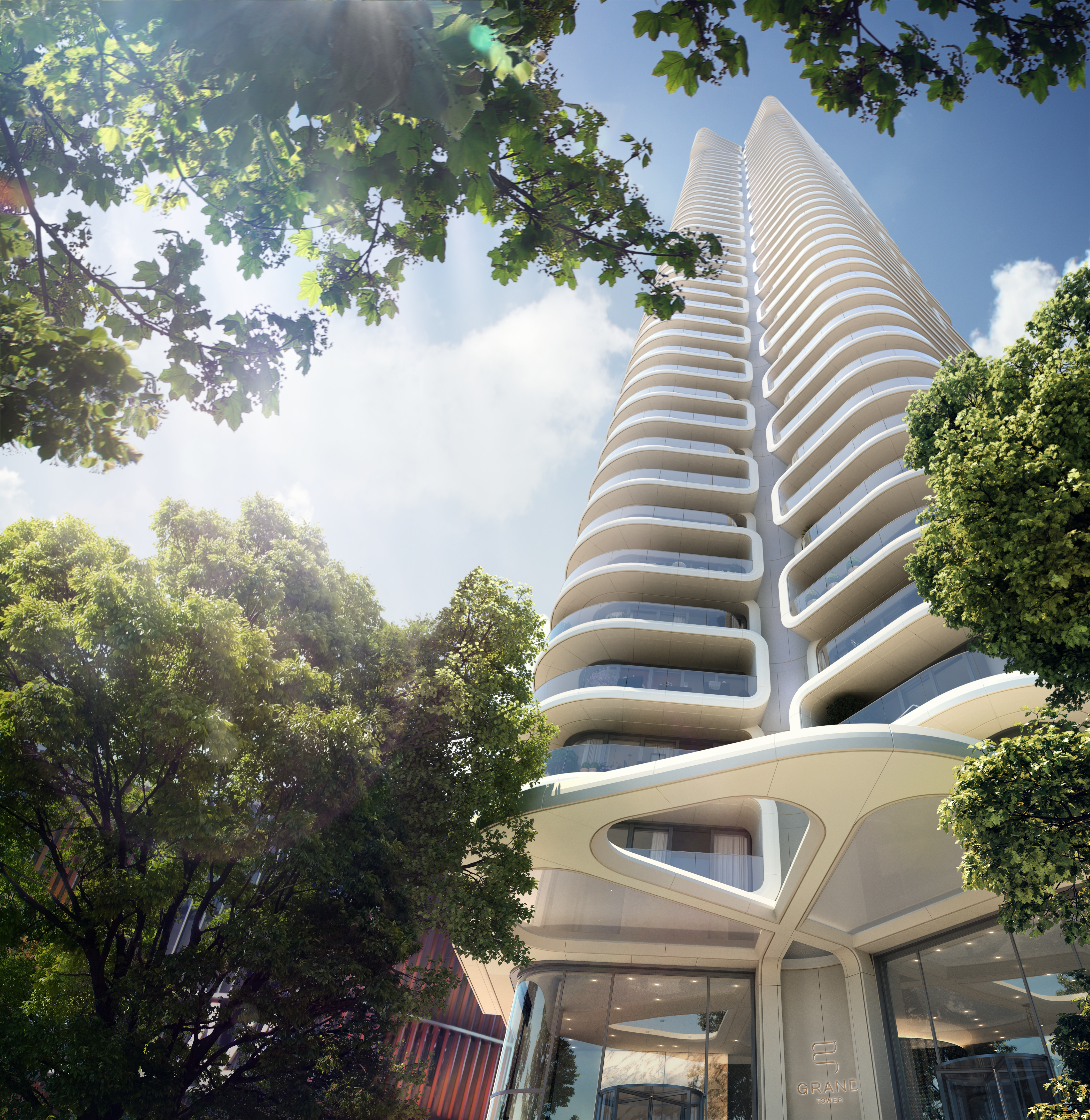 Exclusive high-rise with unique architecture, perfect for premium tiles.