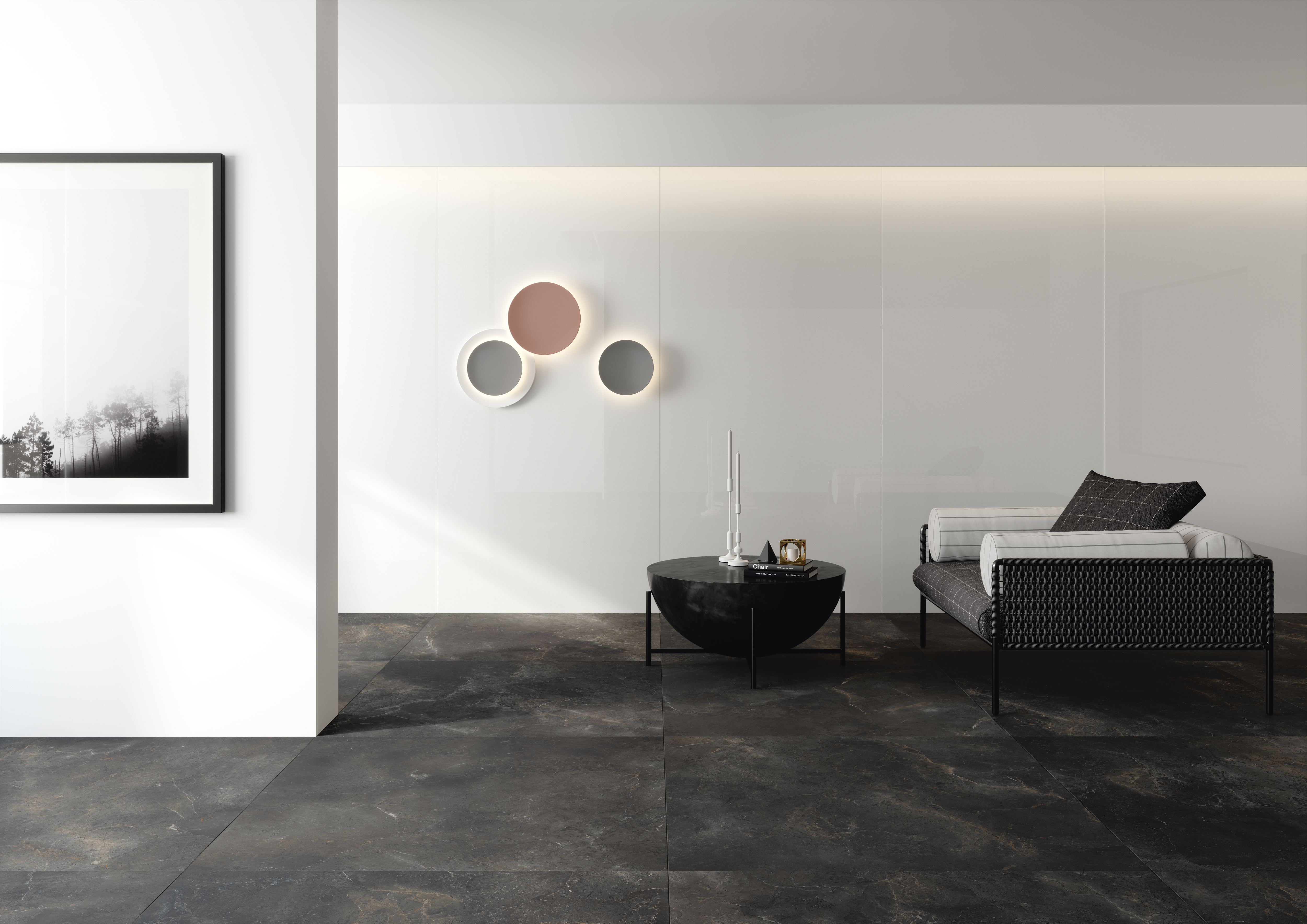 Anthracite tiles with natural texture in a stylish living room.