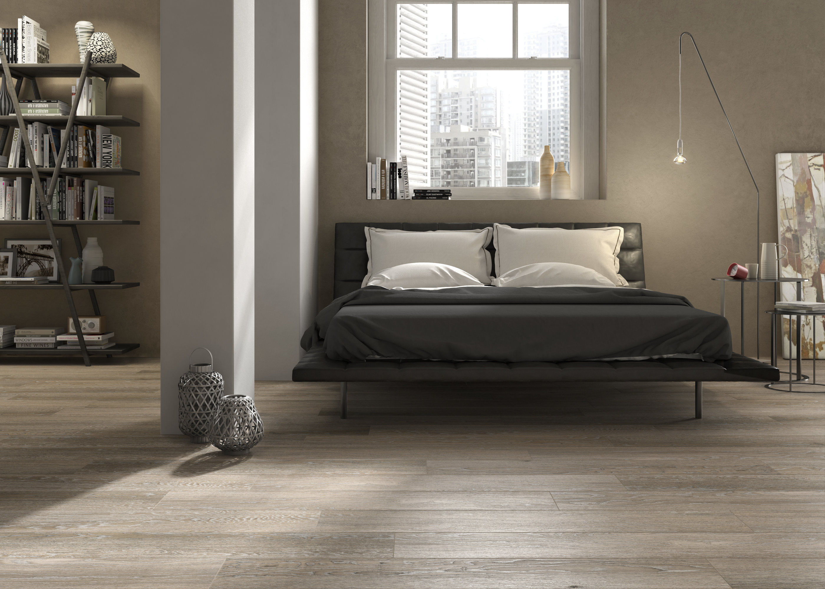 Light wood-look tiles in the bedroom for a modern ambiance.