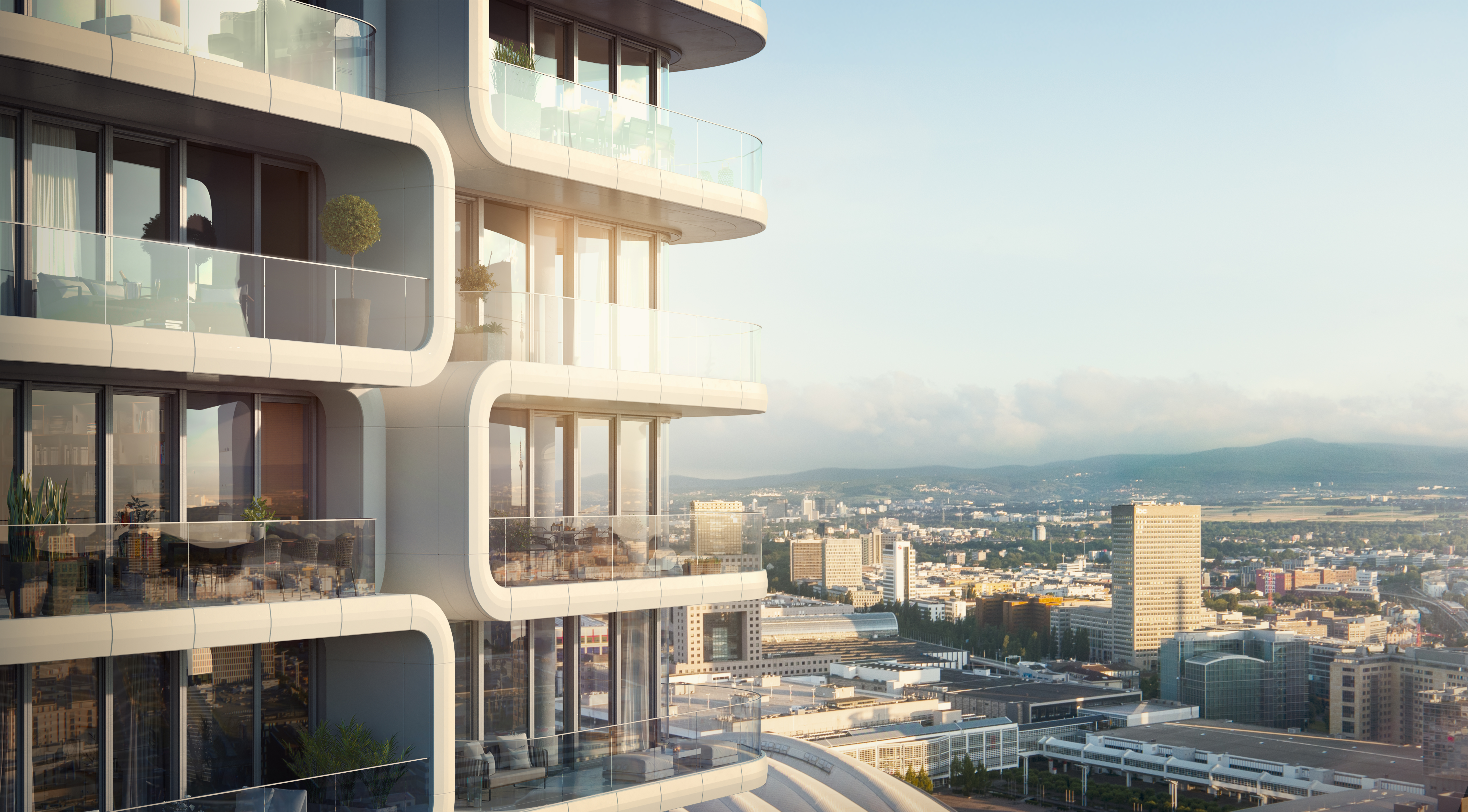 Modern balconies with city panorama, perfect for high-quality outdoor tiles.
