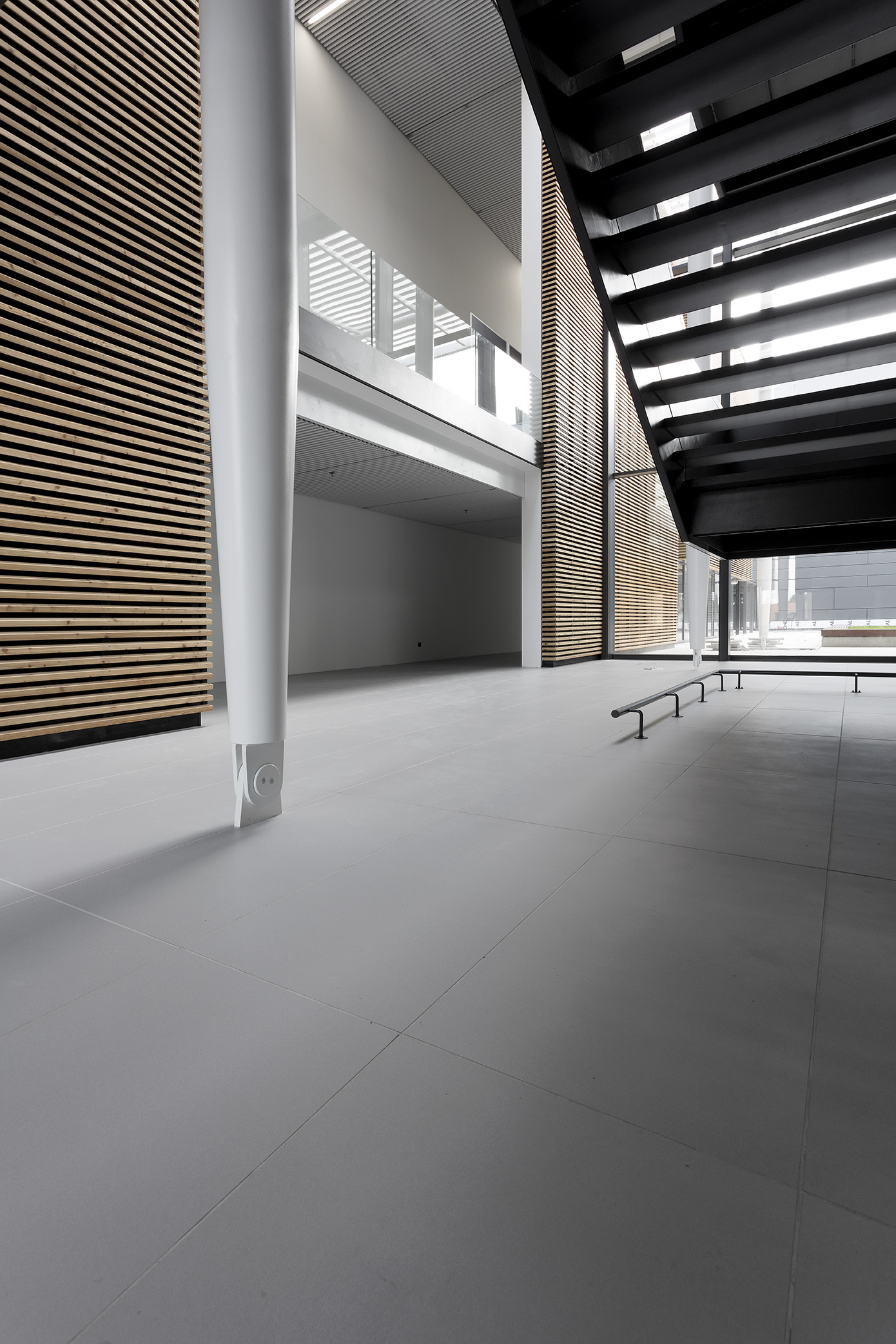 Large-format, light-grey porcelain tiles in a modern setting.