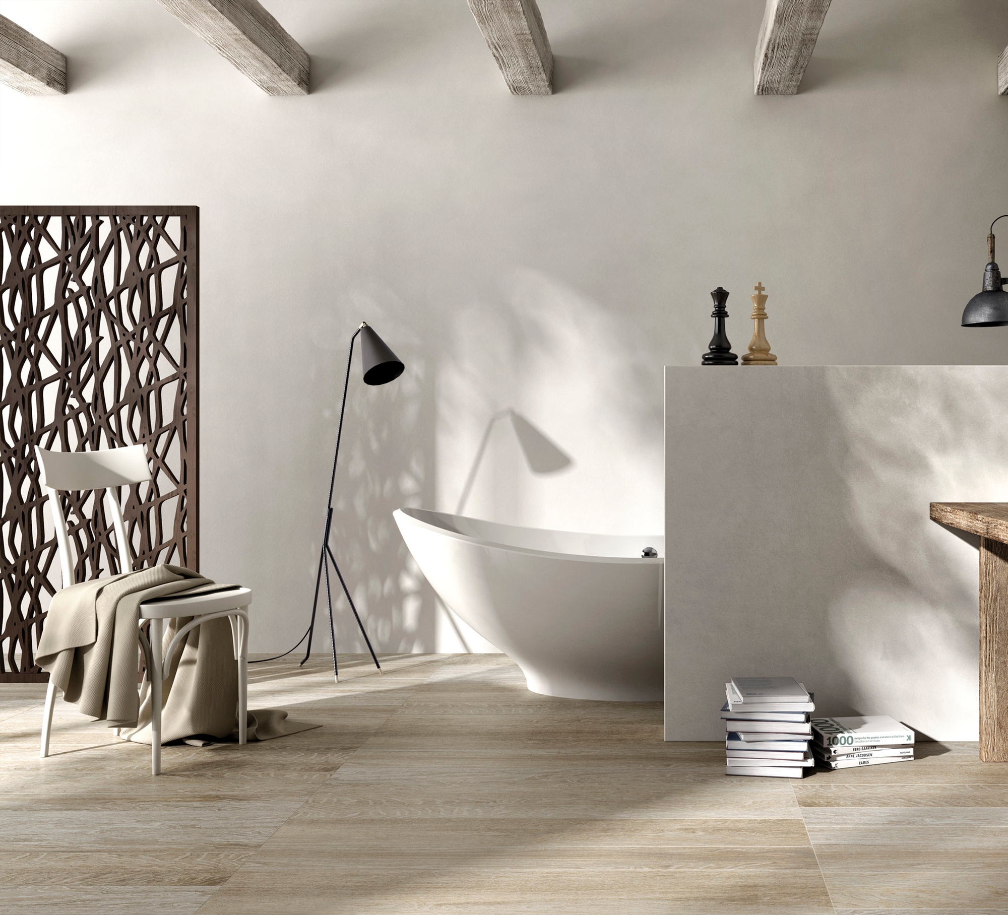 Bathroom with light wood-look tiles and freestanding bath.