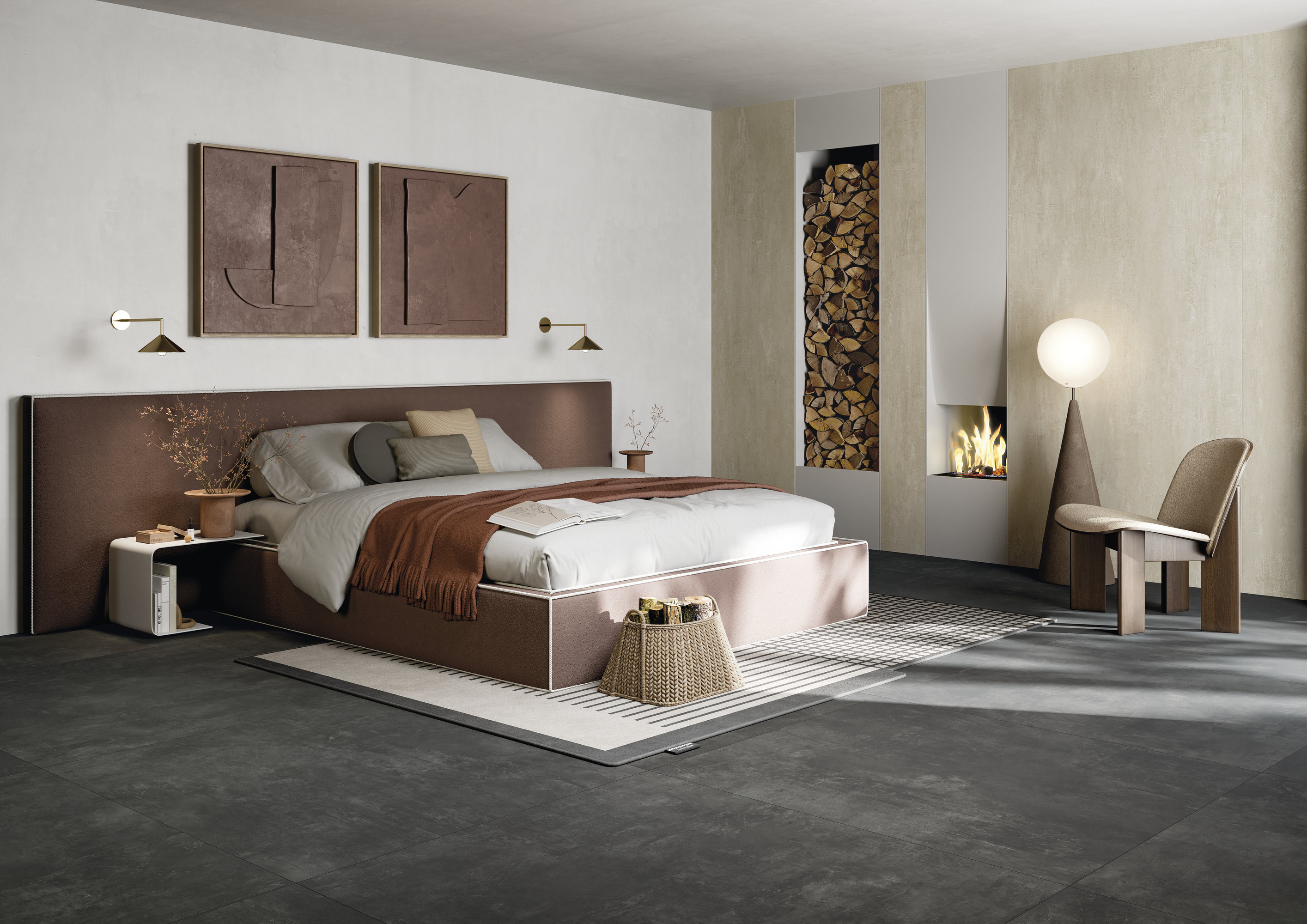 High-quality dark floor tiles in a modern bedroom.