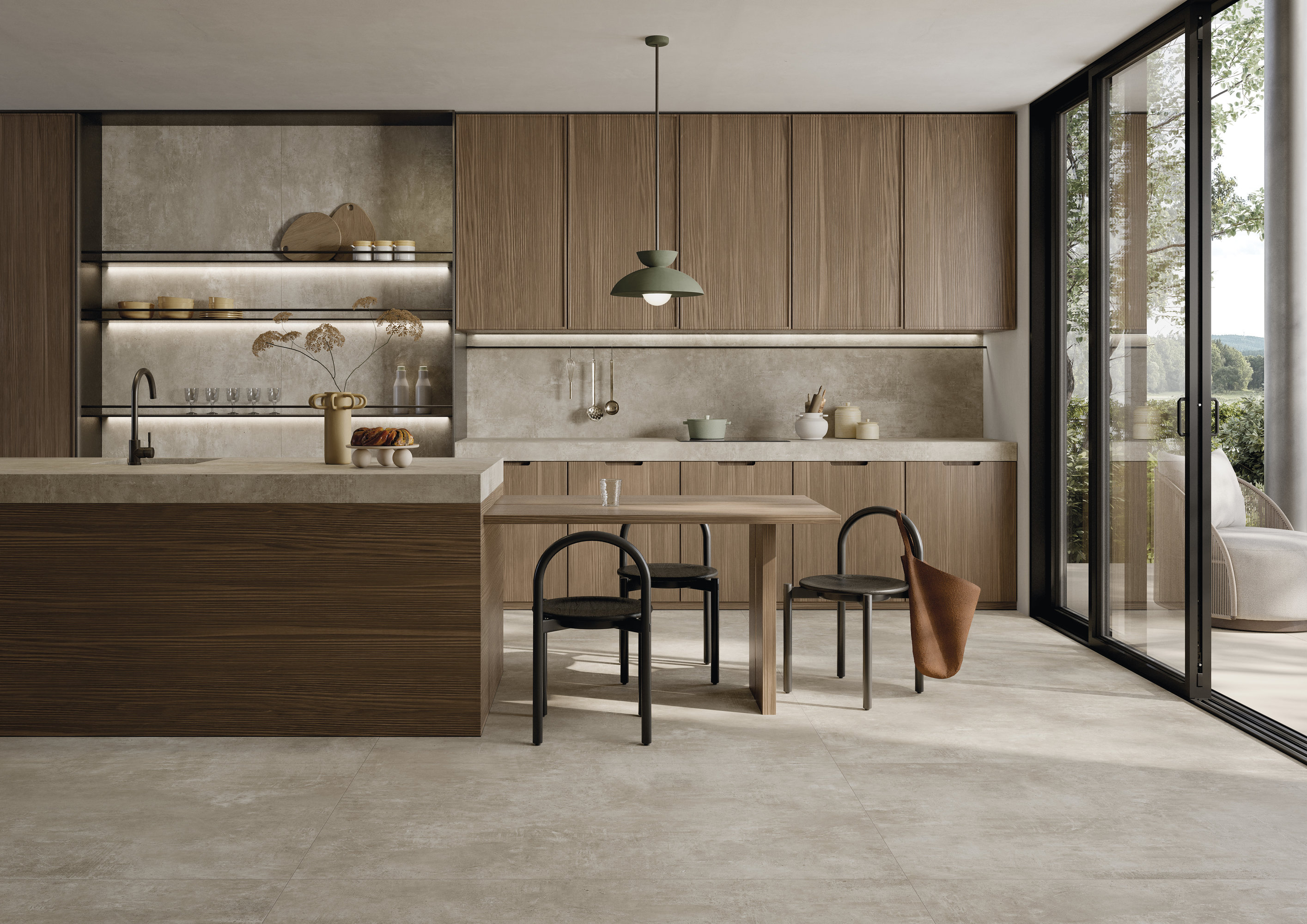 Bright floor tiles in a modern kitchen with wood accents and terrace access.