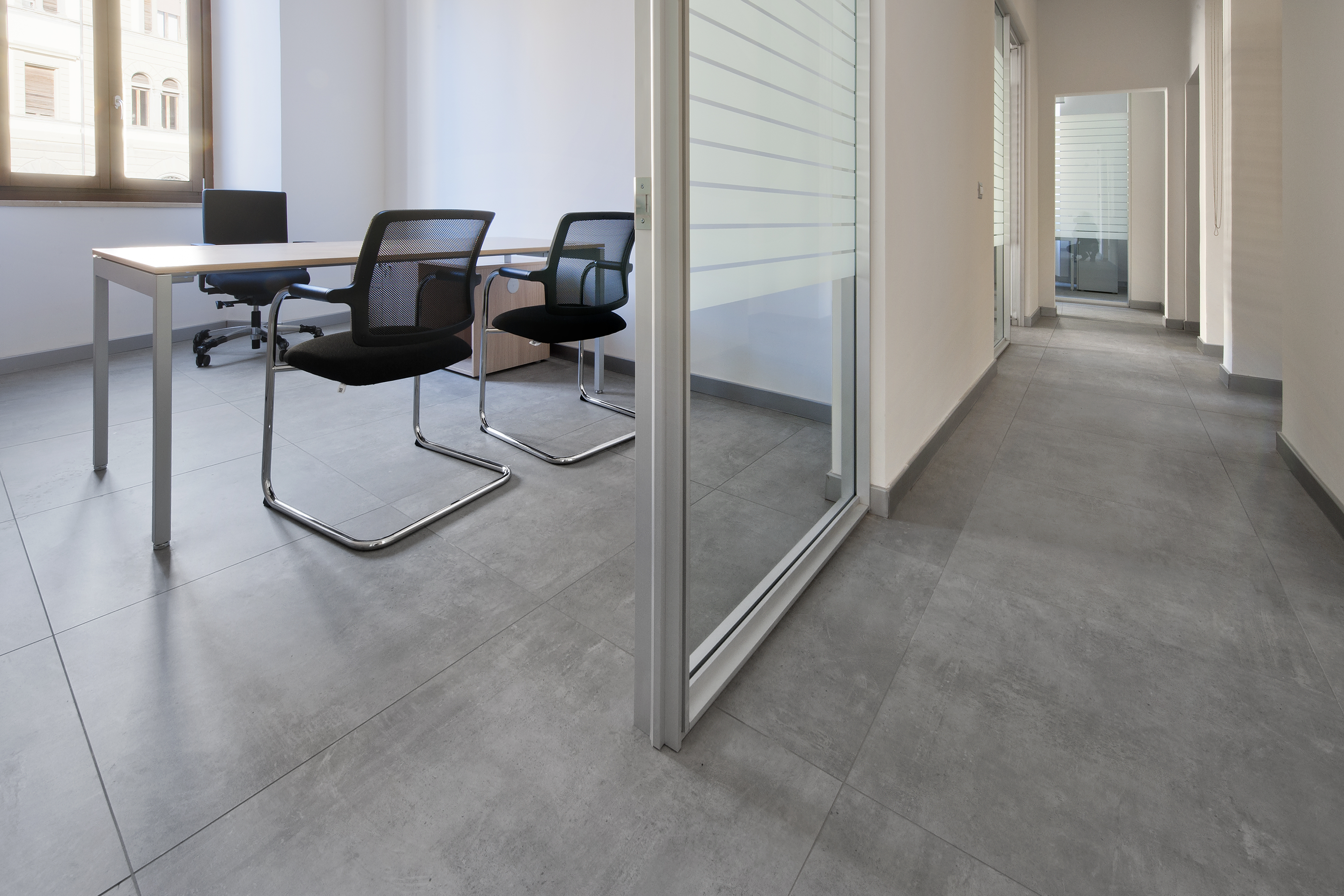 Modern grey tiles for office and hallway, ideal for high-quality interiors.