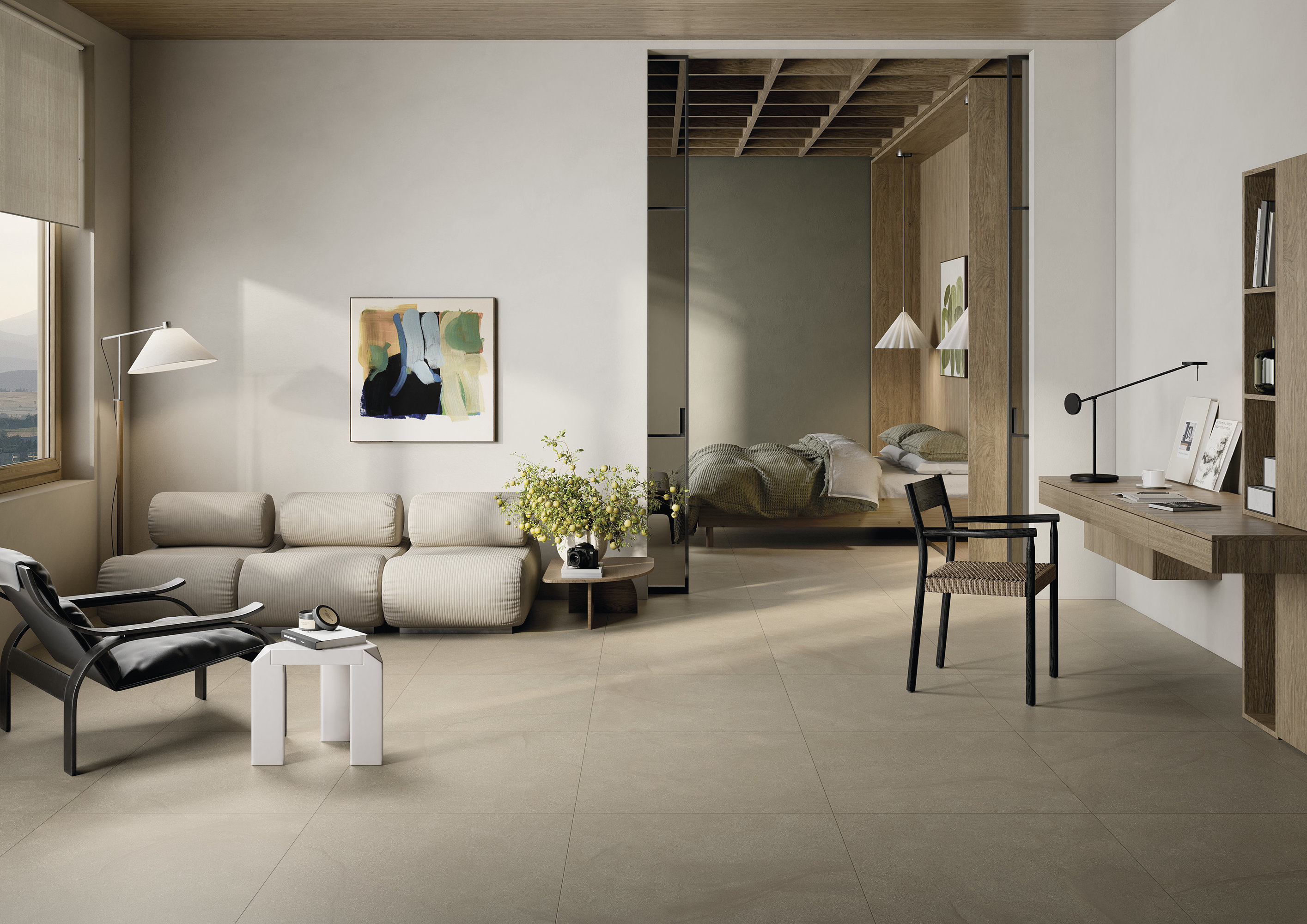 Premium, light-coloured tiles for modern living & bedrooms.