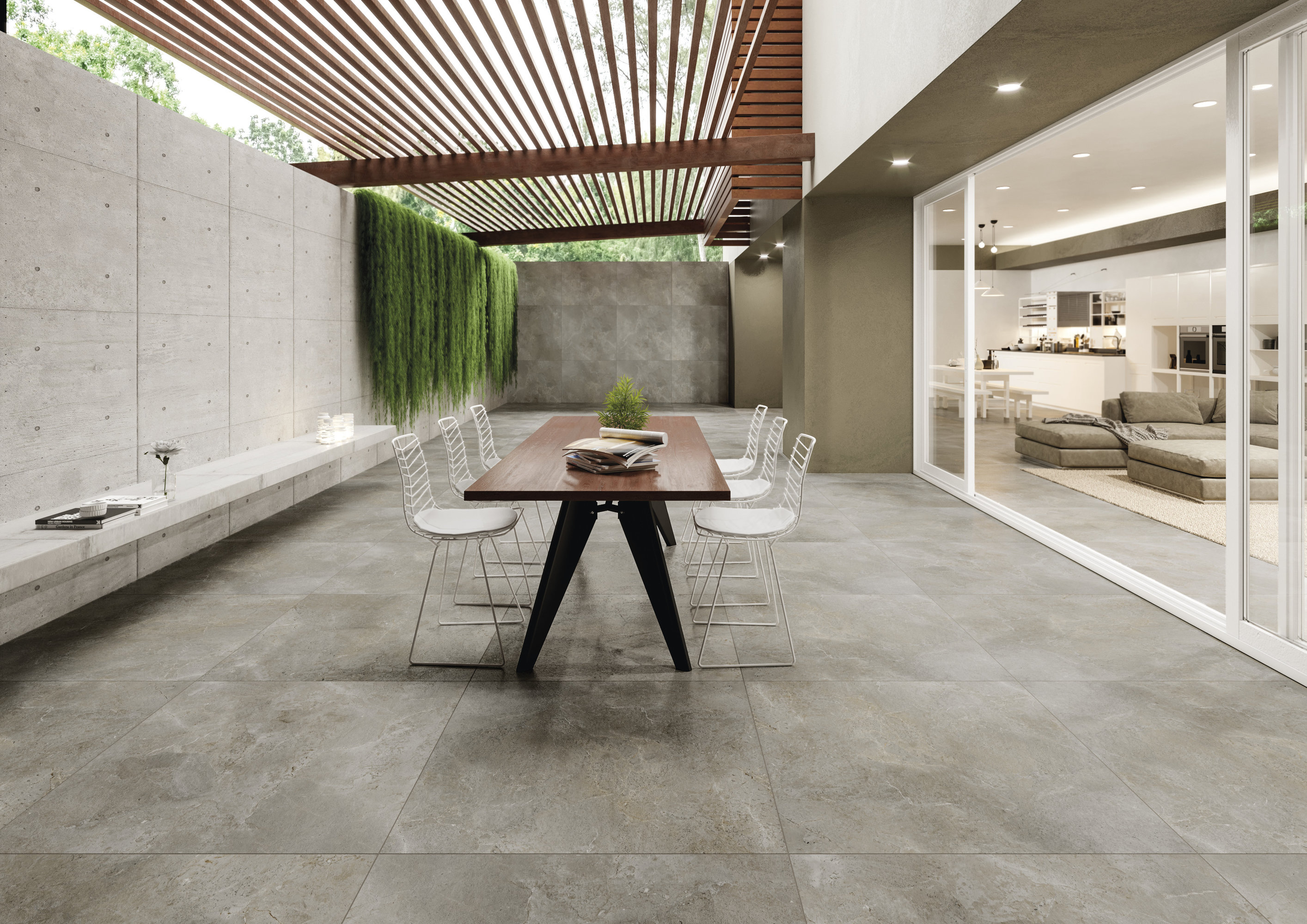 Modern grey indoor/outdoor tiles on a stylish patio.