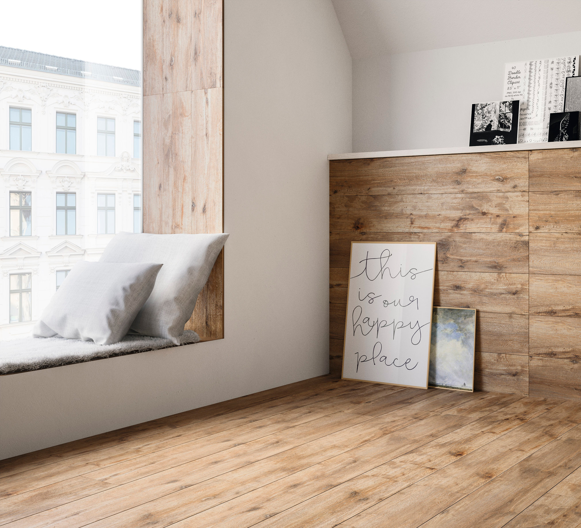 Wood-effect indoor tiles on floor and wall in a stylish living area.