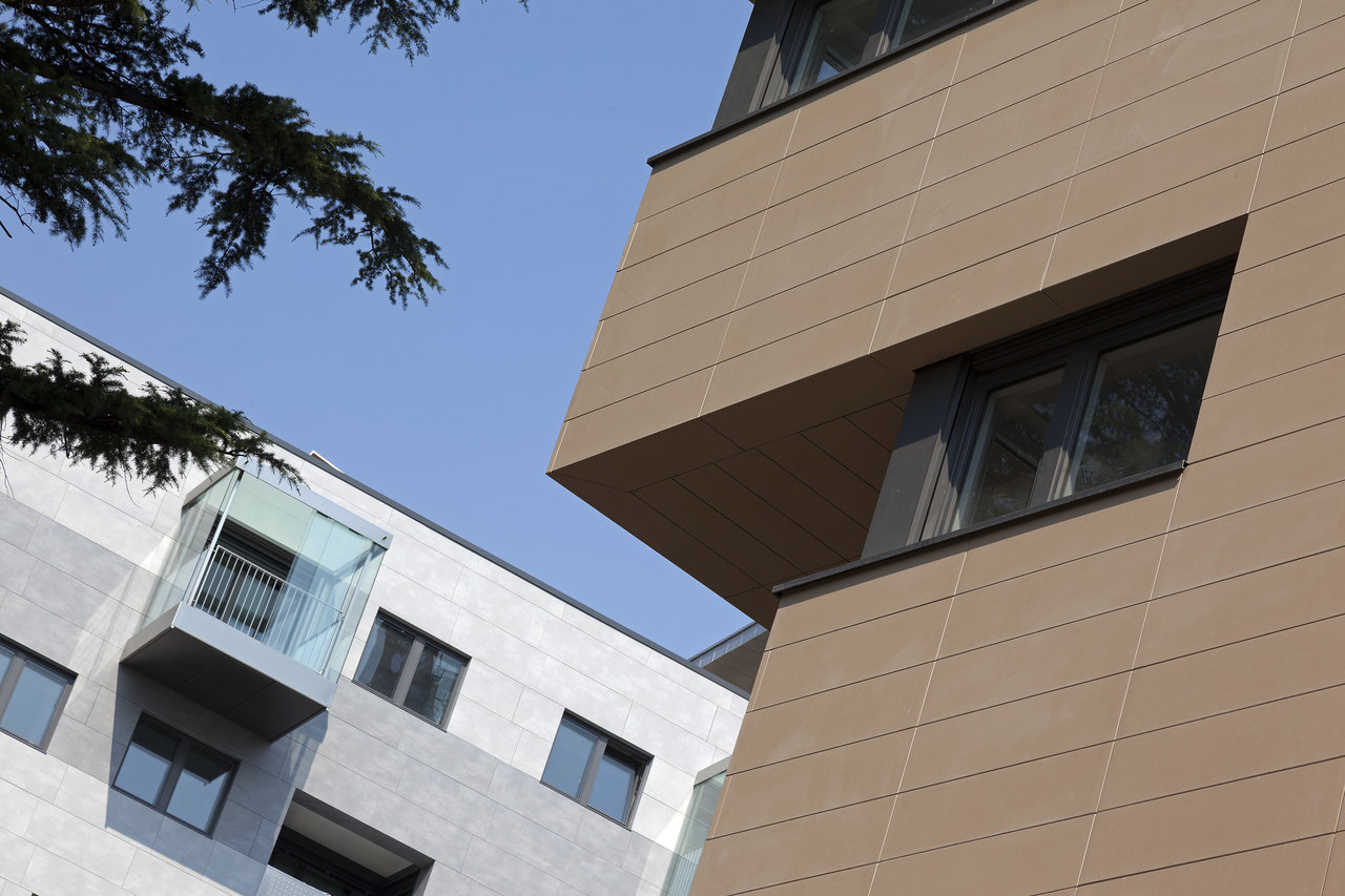 High-quality outdoor tiles on a modern building facade.