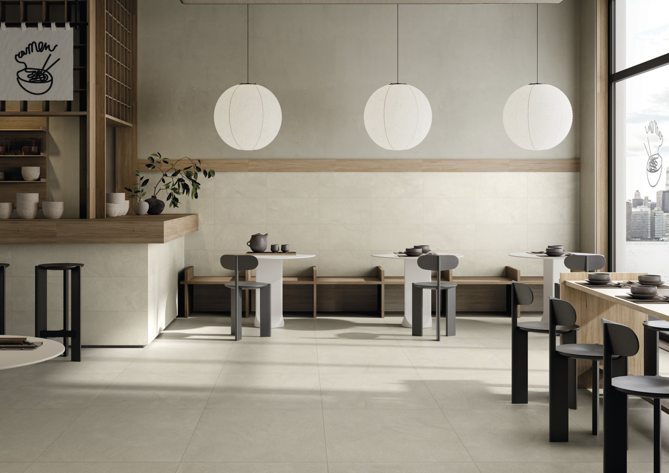 Bright tiled floor in a modern restaurant with minimalist decor and pendant lights.