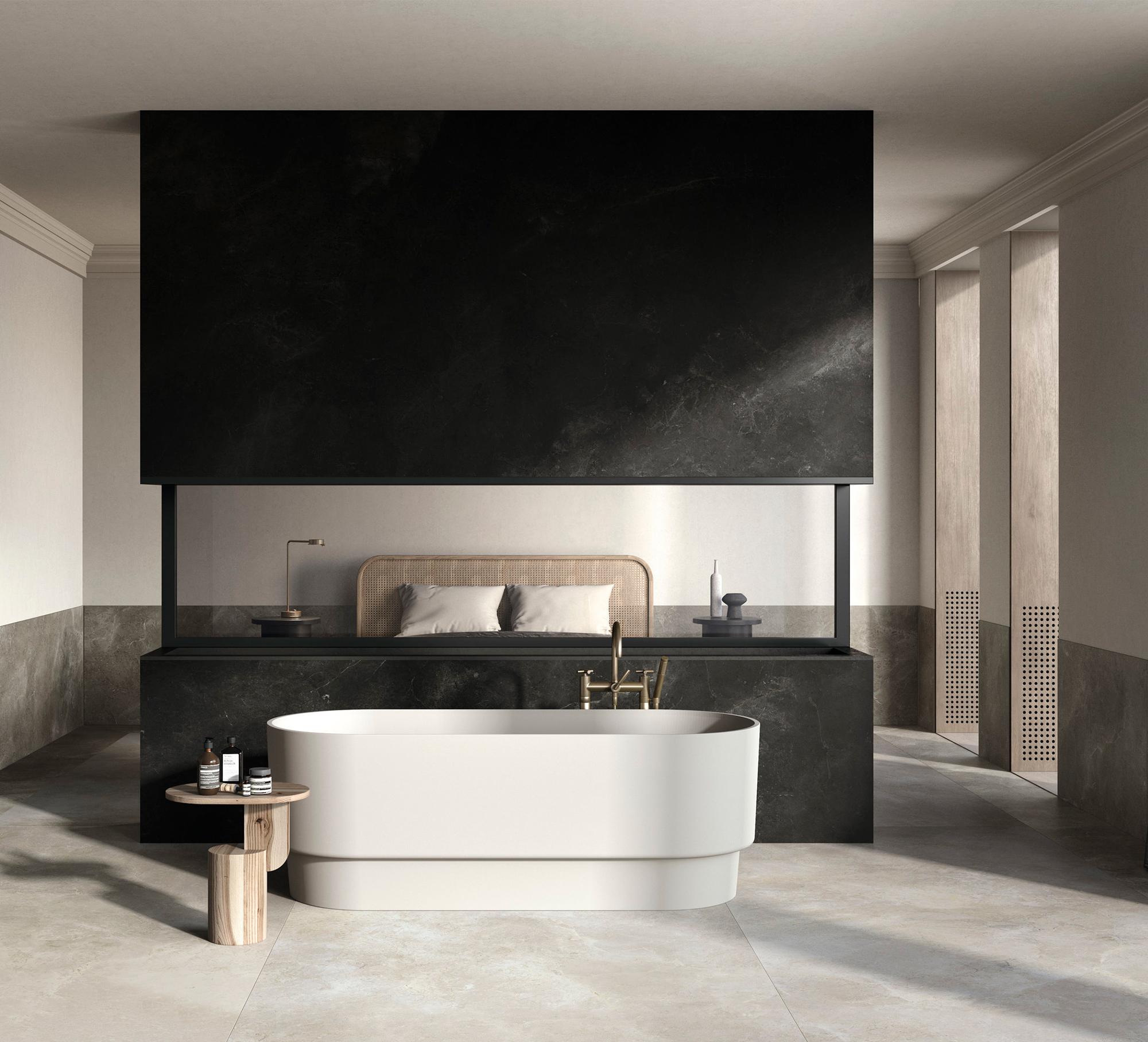 Elegant, large-format light grey floor and dark wall tiles in a luxurious interior.