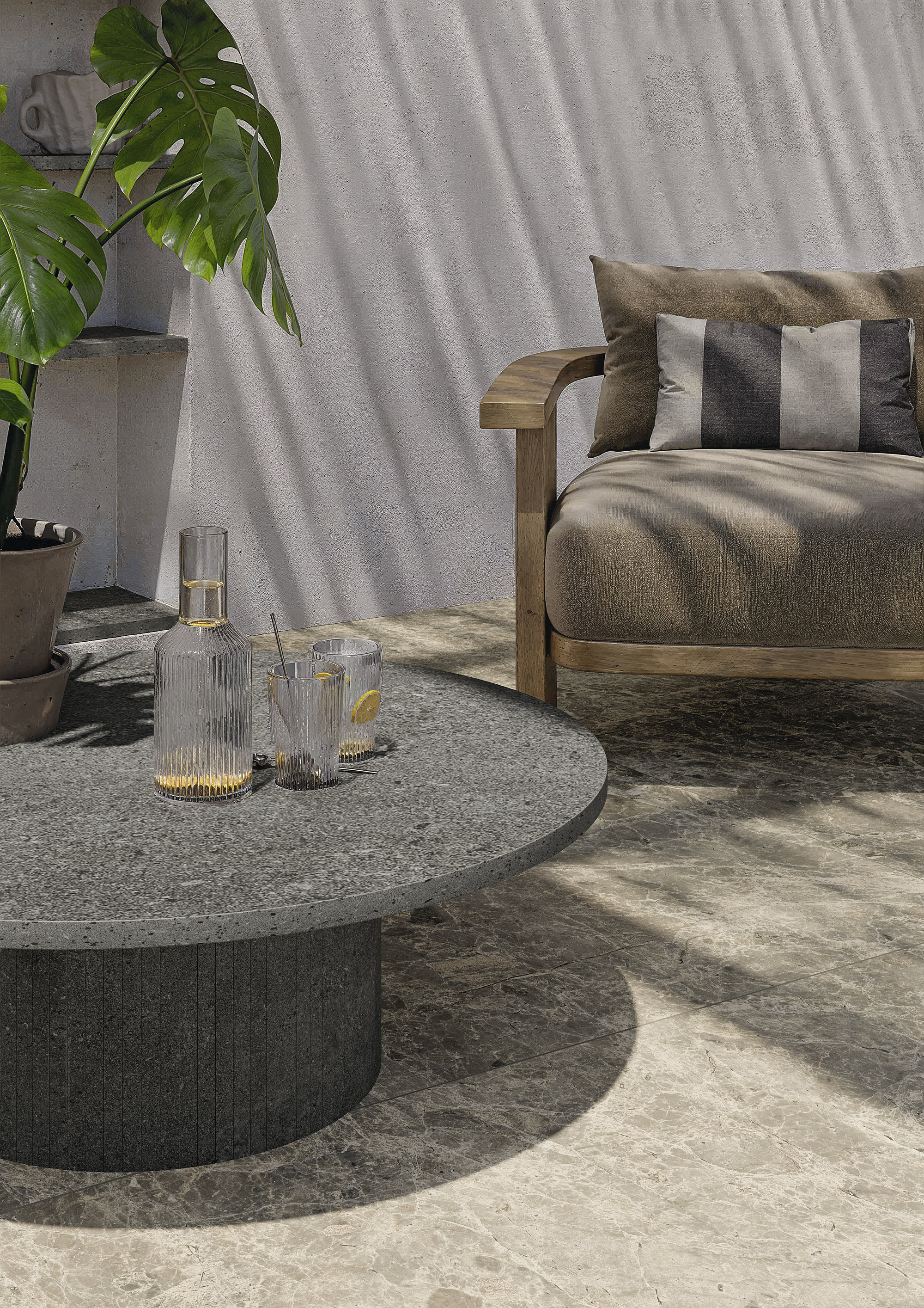 Modern, light outdoor tiles on a stylish terrace.