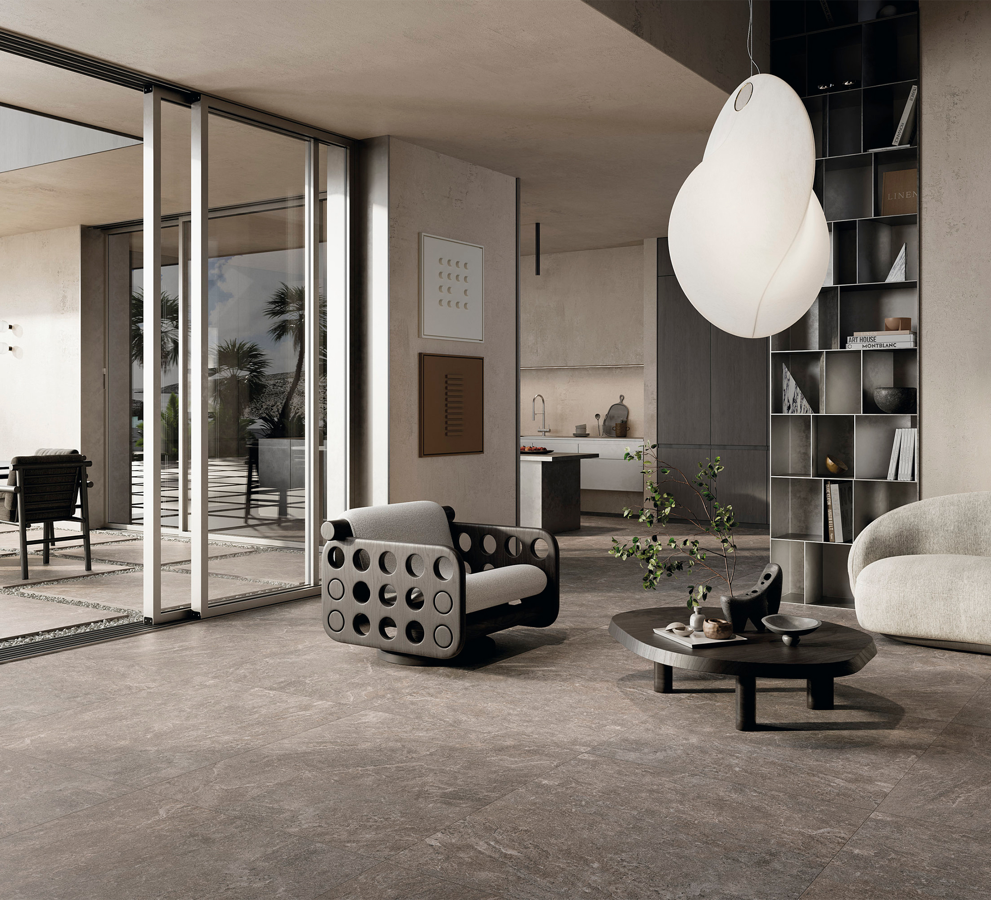 Elegant indoor-outdoor tiles create a seamless transition in a modern living environment.