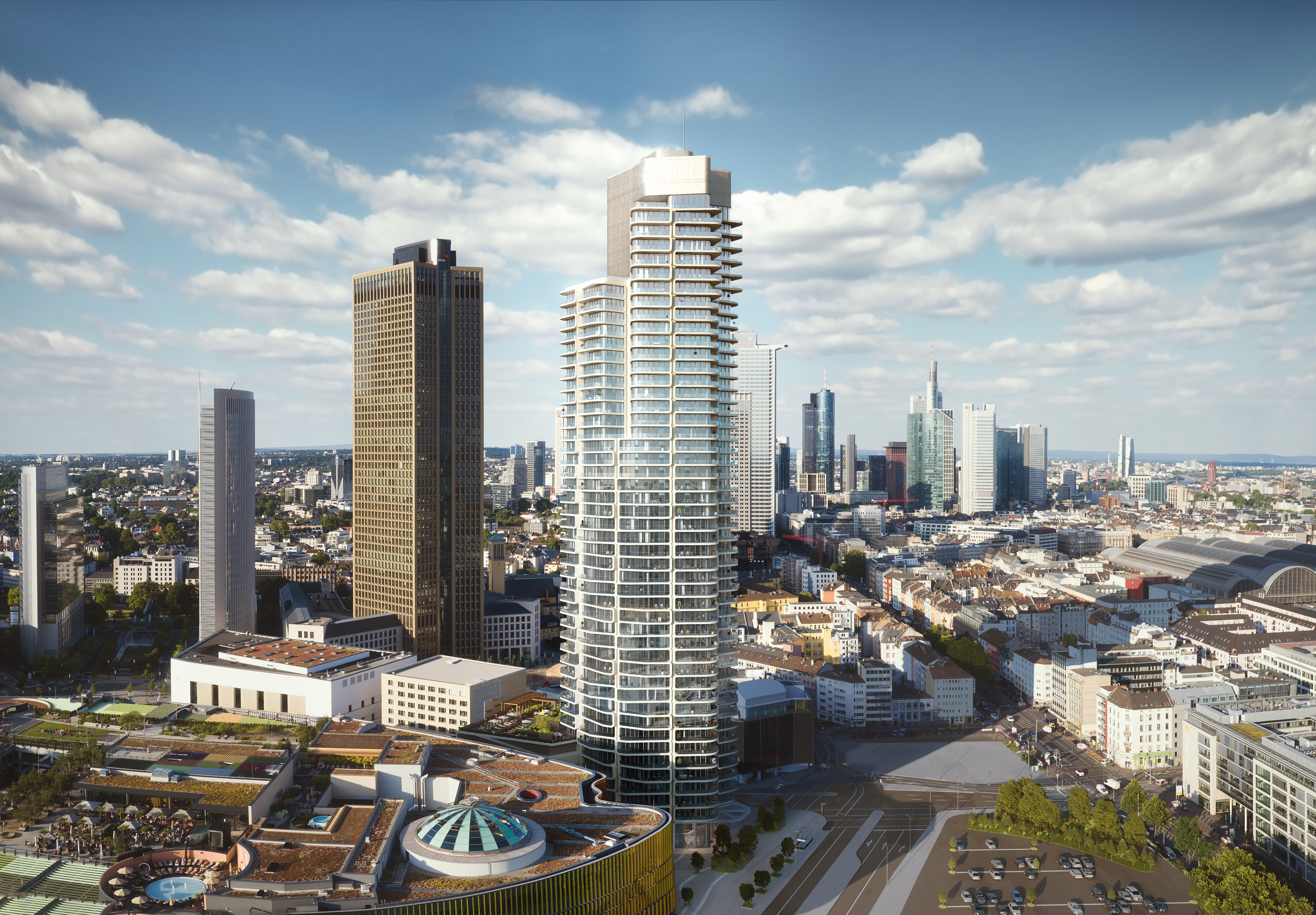 Modern Frankfurt Skyline with elegant residential tower, ideal for premium indoor/outdoor tiles.