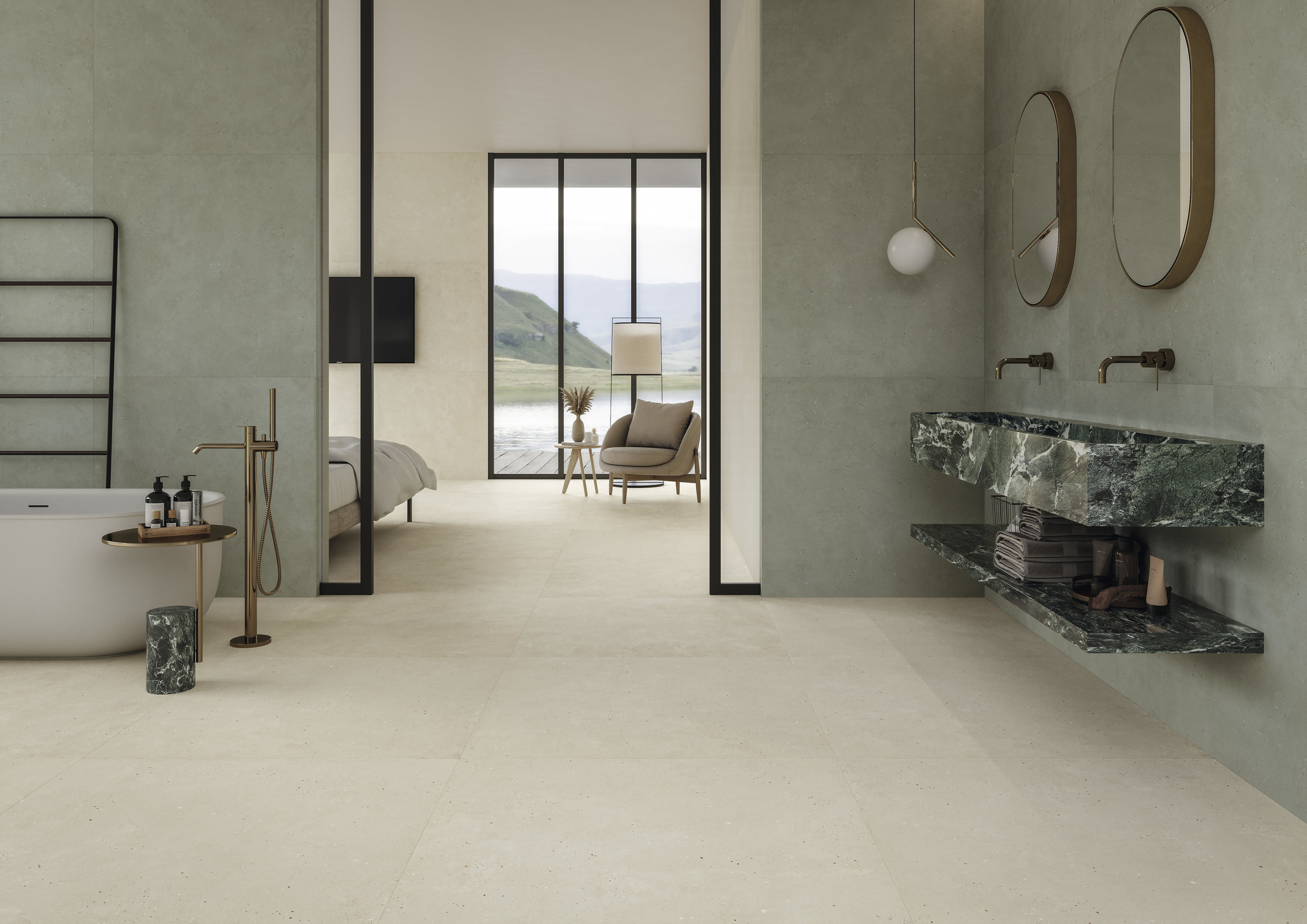 Modern bathroom with light floor tiles and green wall tiles, plus a marble vanity.