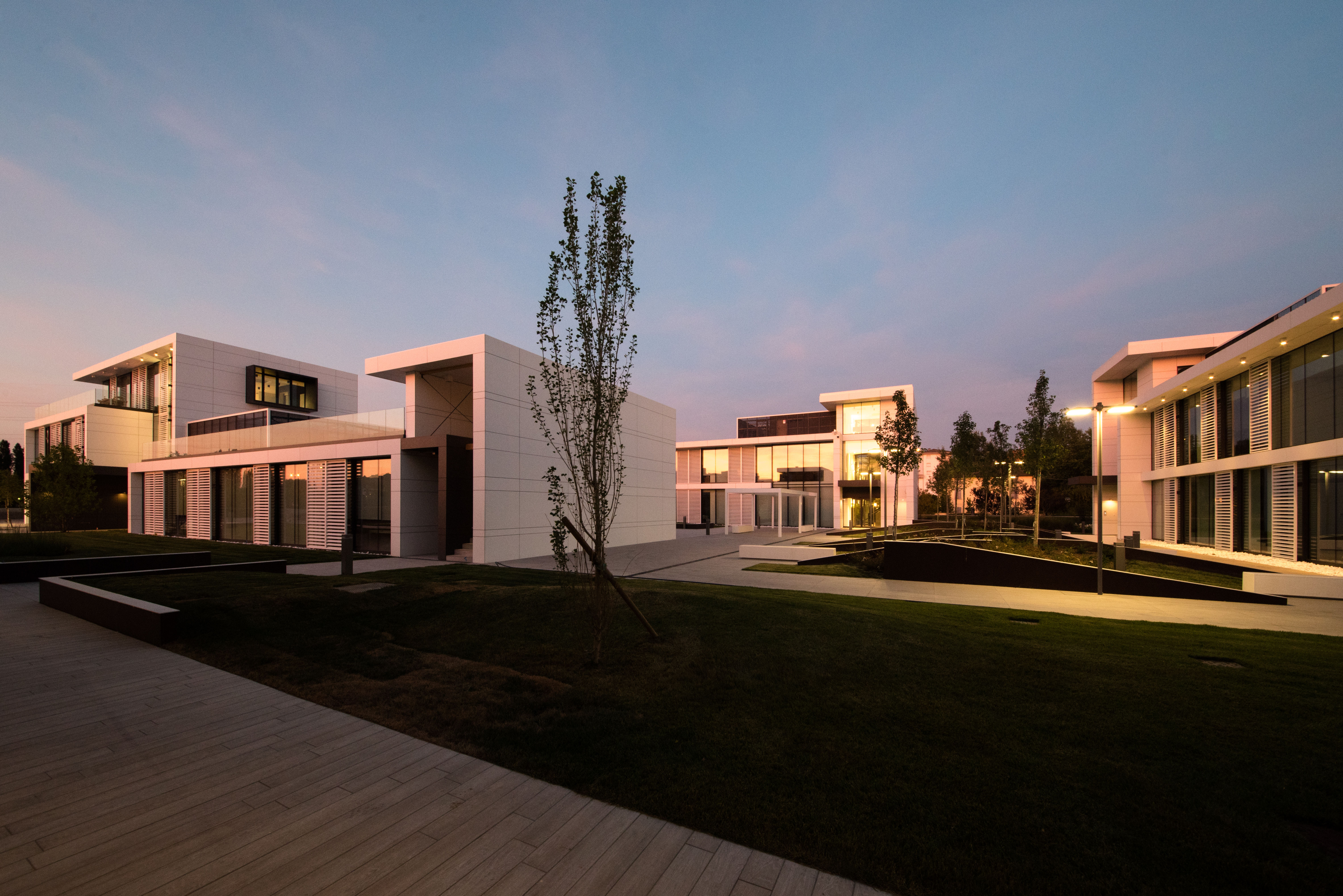 Modern architecture, light facades, elegant exterior surfaces.