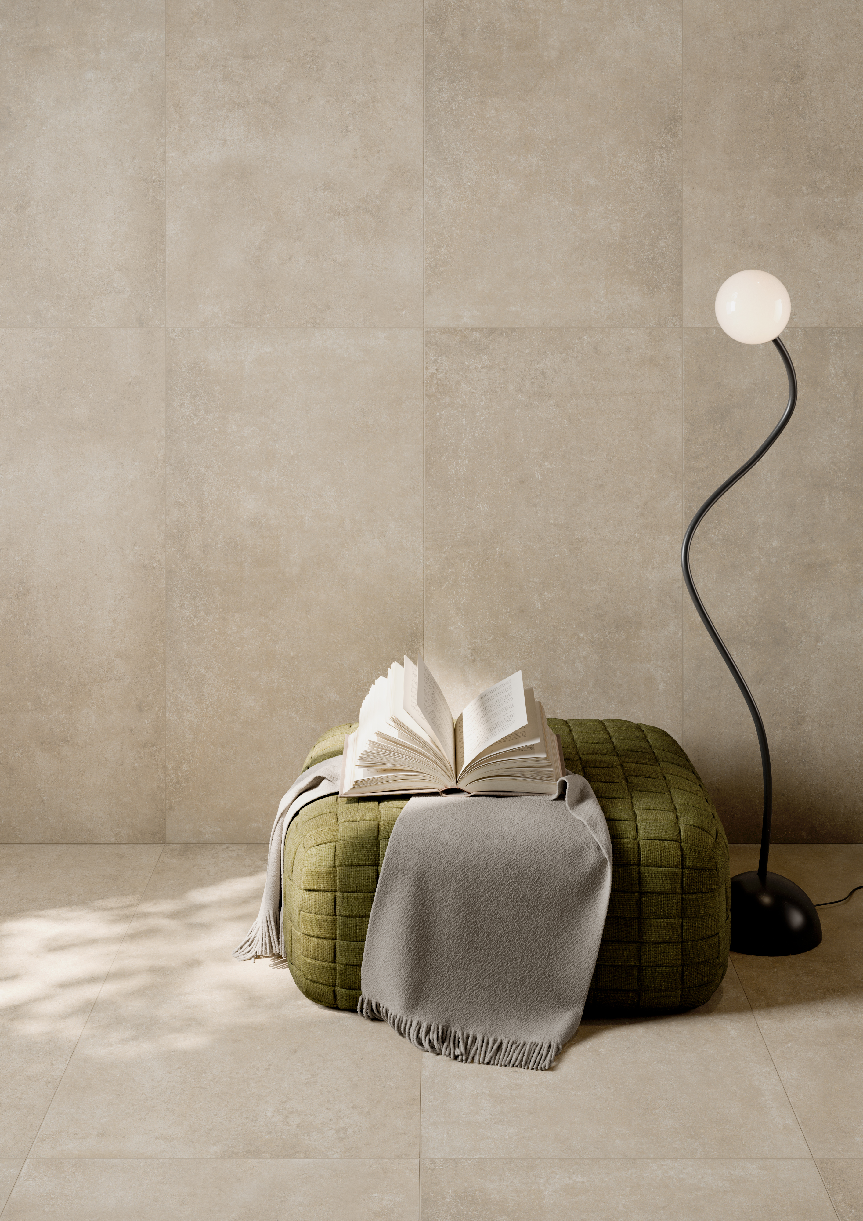 Modern, light concrete-effect tiles on wall and floor, perfect for stylish interiors.