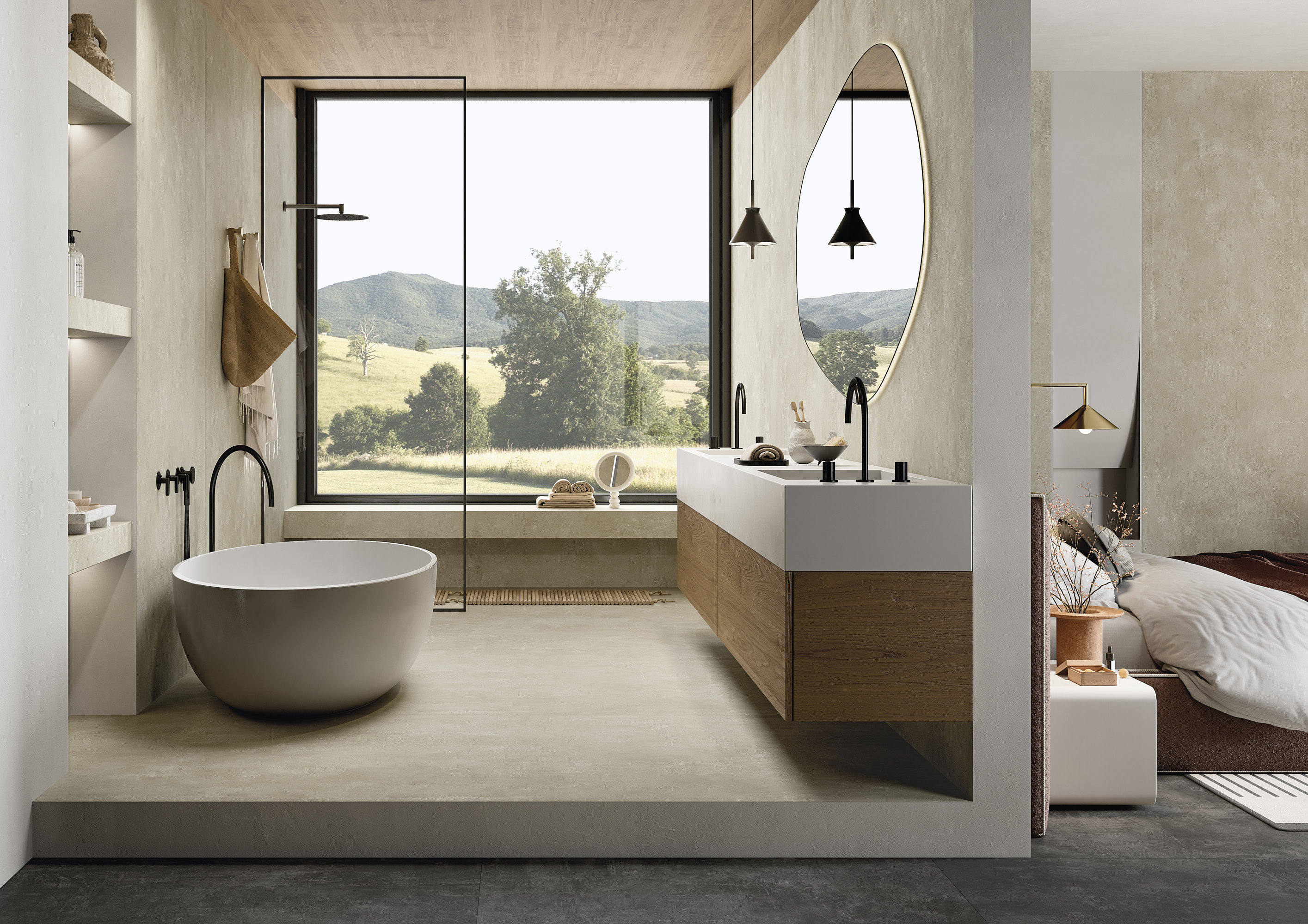 Modern bathroom with light porcelain stoneware tiles, freestanding bath and shower.