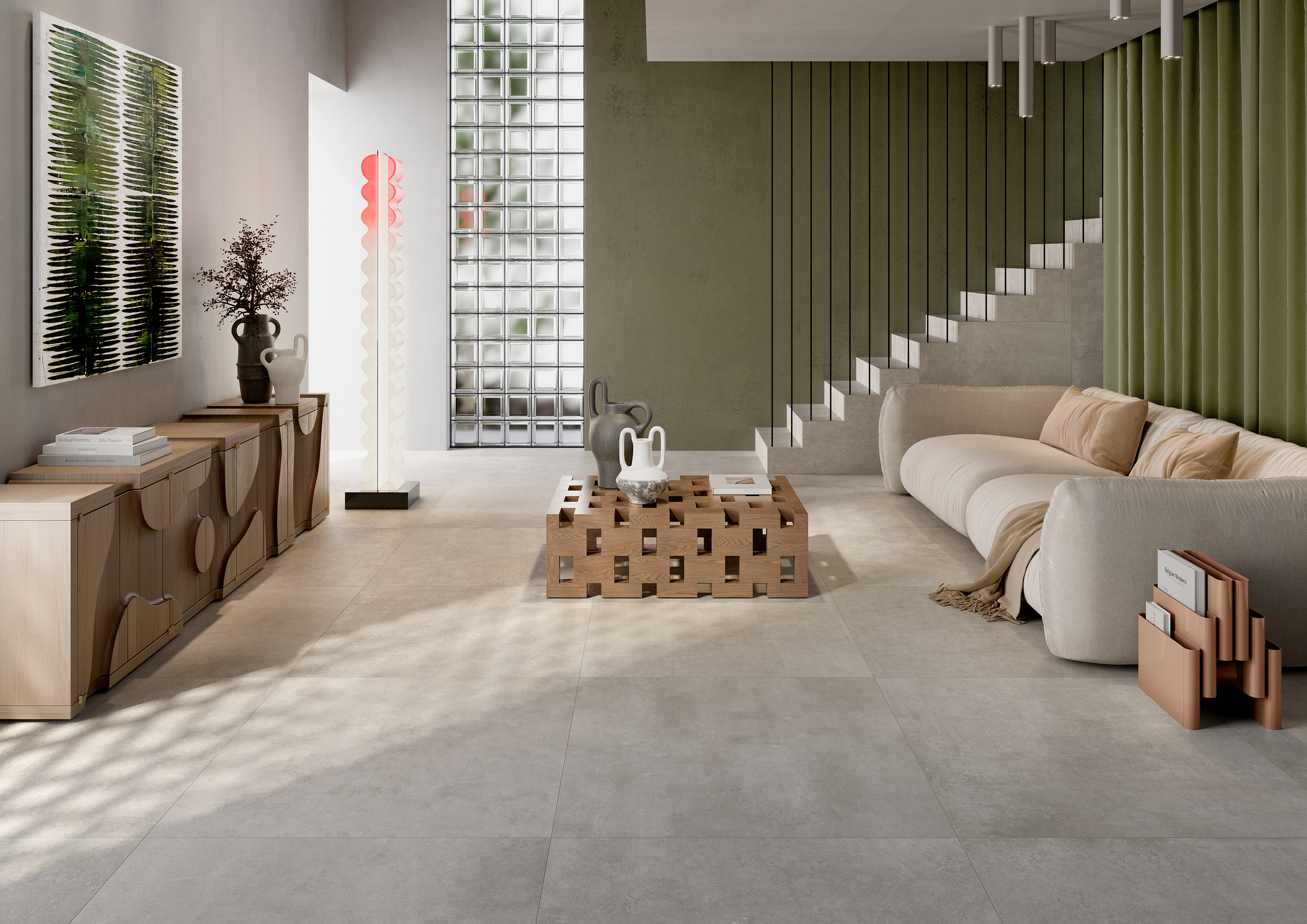 Modern, bright Porcelaingres tiles in a stylish living room with a sofa and wooden furniture.