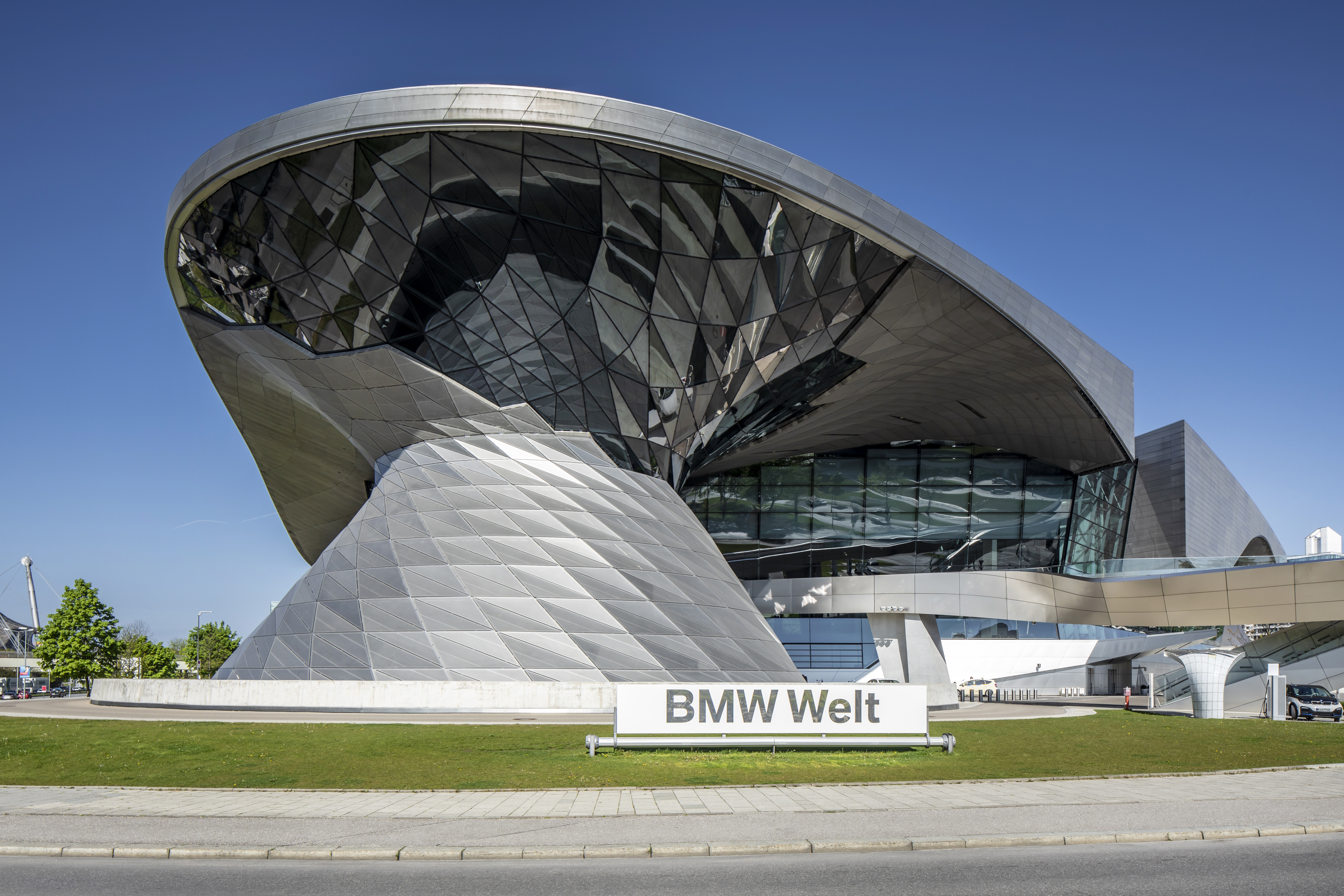 The modern architecture of the BMW Welt in Munich.