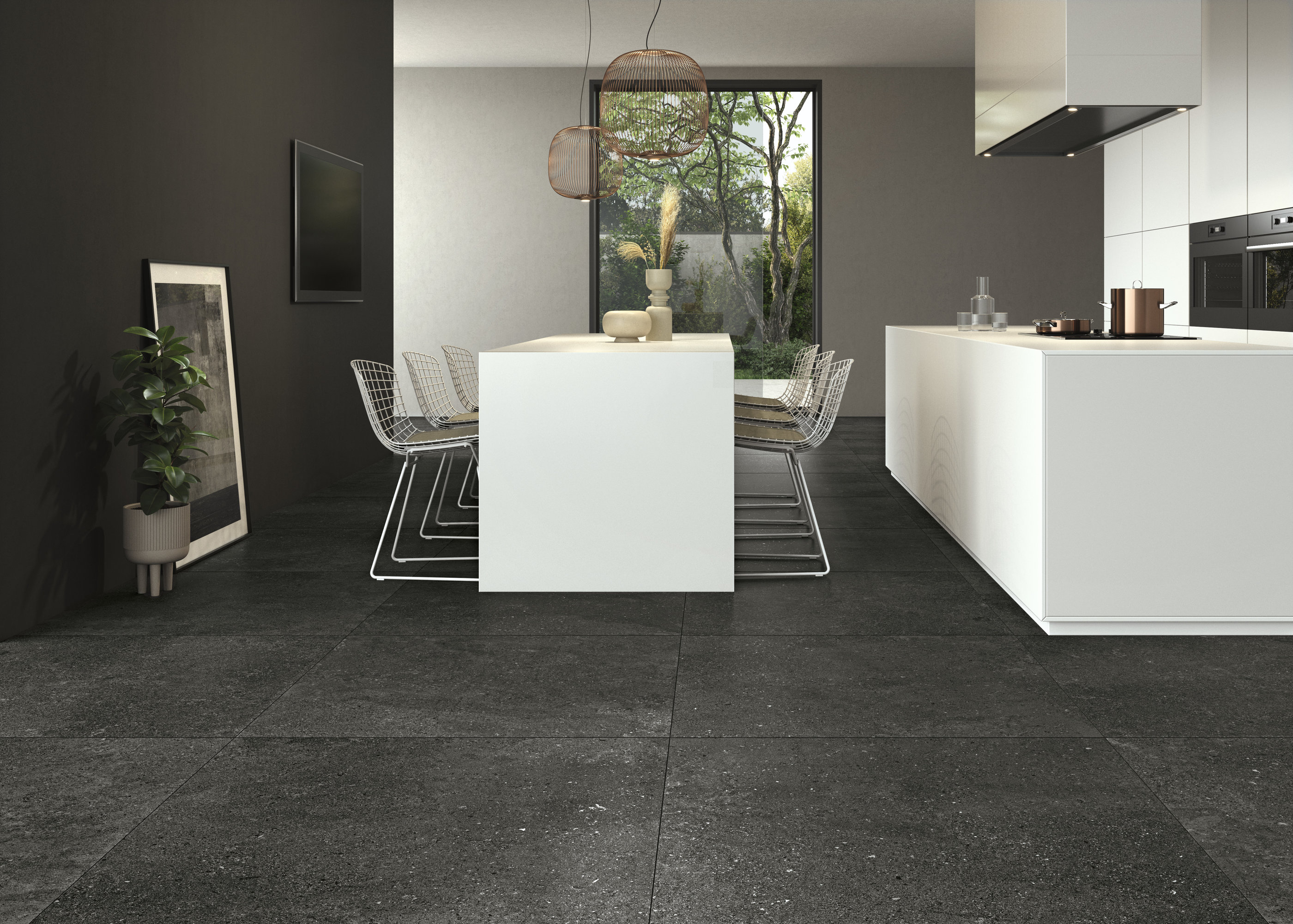 Dark grey large format tiles in a modern kitchen with white elements.