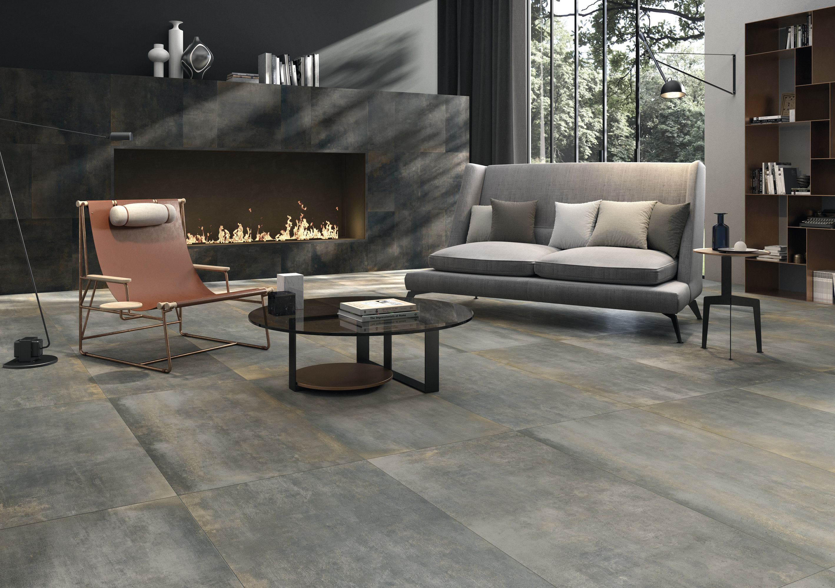 Modern Porcelaingres concrete-effect tiles for your stylish living room.