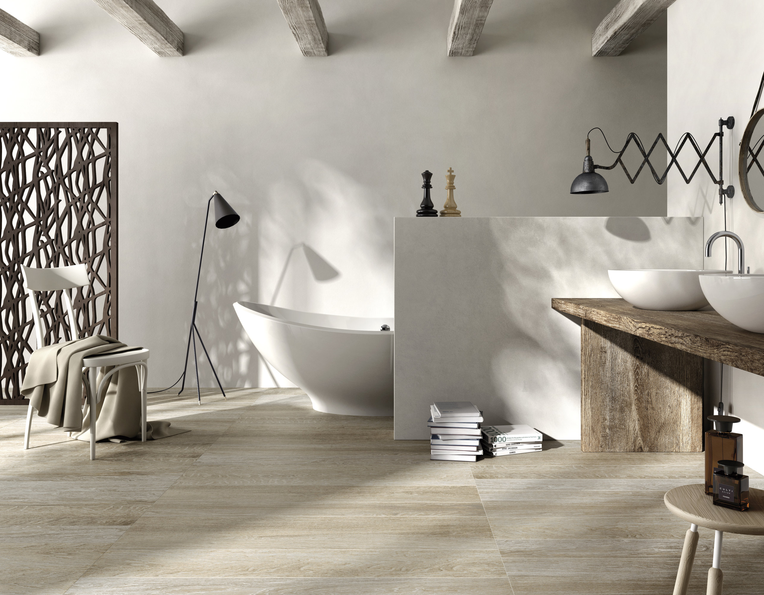 Modern bathroom with light wood-look tiles, freestanding tub and rustic wooden vanity.