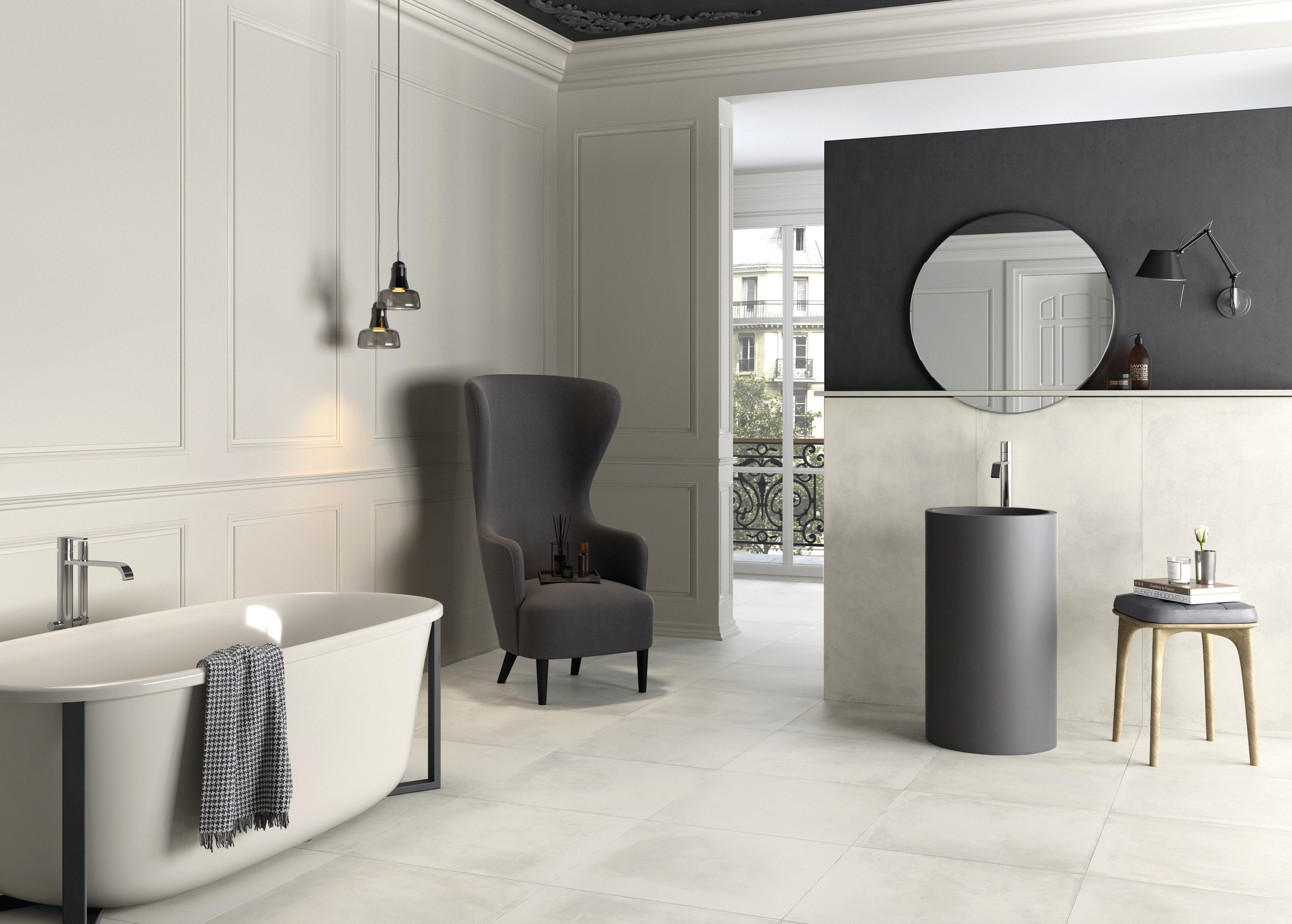Elegant bathroom with light Porcelaingres tiles, freestanding tub, and modern vanity.