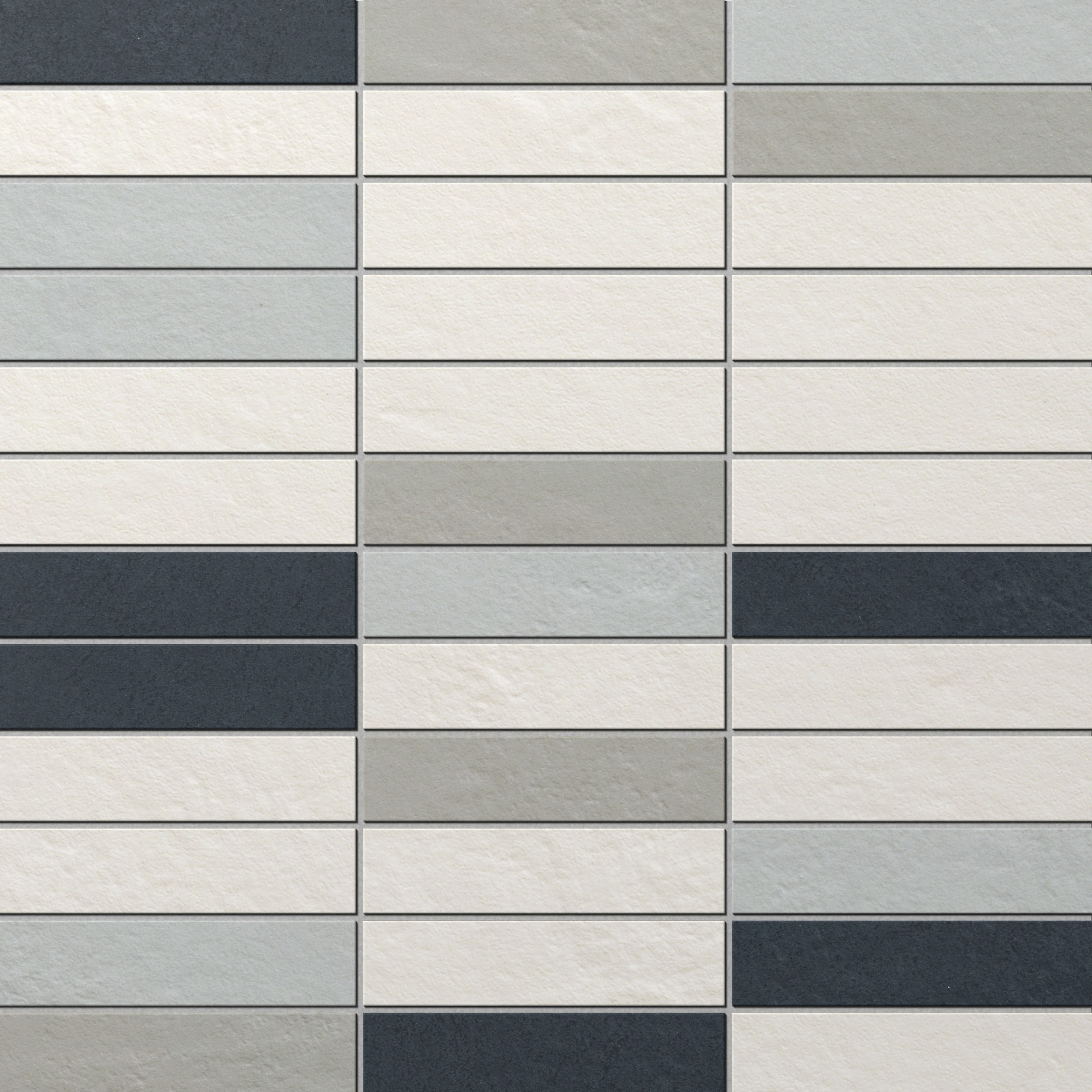 Elongated tile mosaic in Anthracite, Light Grey & Cream, staggered.